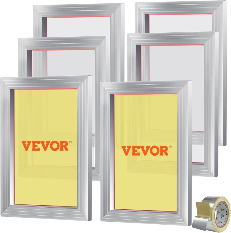 VEVOR طقم طباعة الشاشة، 6 قطع من إطارات الطباعة بالشاشة الحريرية المصنوعة من الألمنيوم، إطار طباعة بالشاشة الحريرية بحجم 10x14 بوصة مع شبكة 156، شبكة نايلون عالية التوتر وشريط لاصق لطباعة تي شيرتات DIY - Image 1